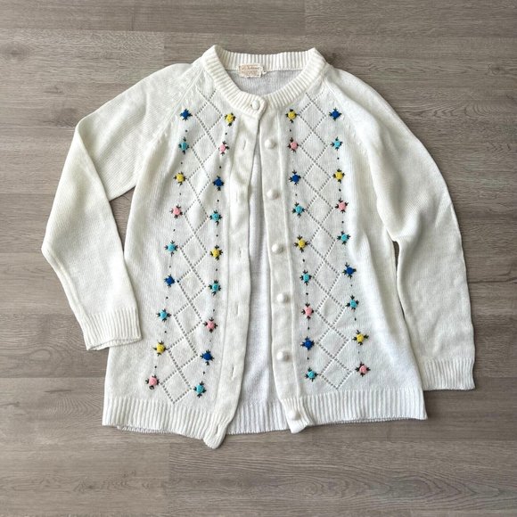 BEAUTIFUL Womens Vintage Fully Fashioned Cardigan Sweater Flower Embroidered Vtg - Picture 1 of 4